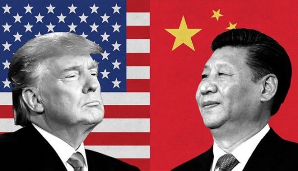 Donald Trump faces off against Chinese President Xi Jinping. Each has his country's flag behind him.