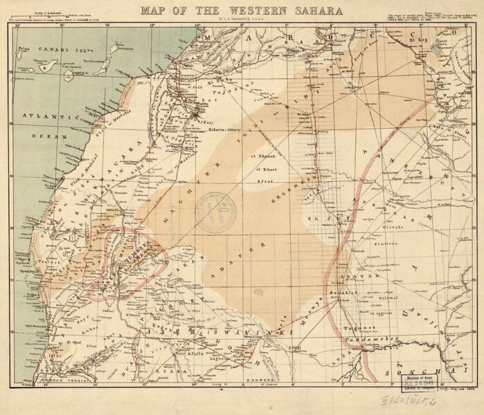A yellowed, vintage map of the Western Sahara.