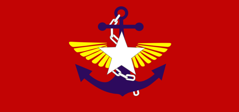 Flag of the Myanmar Armed Forces. A white star spreads yellow wings atop a blue anchor, all in the center of a red field.