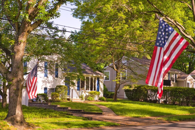 Clean, bright houses line a suburban avenue. The sky is bright and blue, the lawns are bright and green, and the trees on both sides of the street hold American flags.