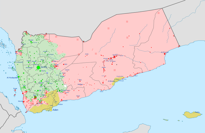 A map of the Yemeni Civil War, as of November 2021. Houthi-controlled territory is shown in green, and government-controlled territory is shown in red. The country is about 2/3 red, with slightly less than 1/3 in green and smaller amounts in other colors.