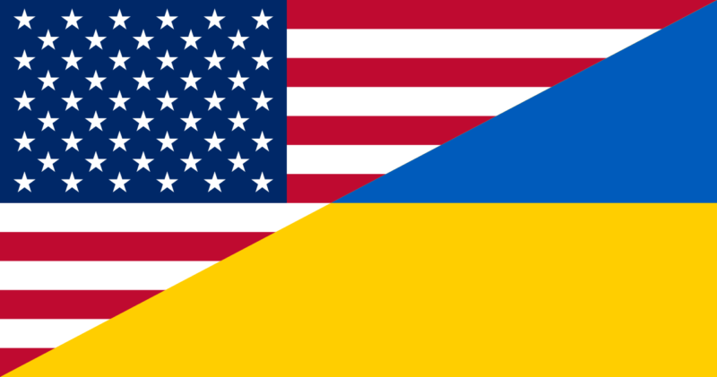 The U.S. flag overlaid diagonally on top of the Ukrainian flag.
