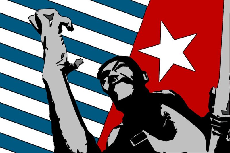 Graphic art. A starkly shaded and stylized man grips the air and bares his teeth. His other hand holds a West Papuan flag, which becomes the background behind him.