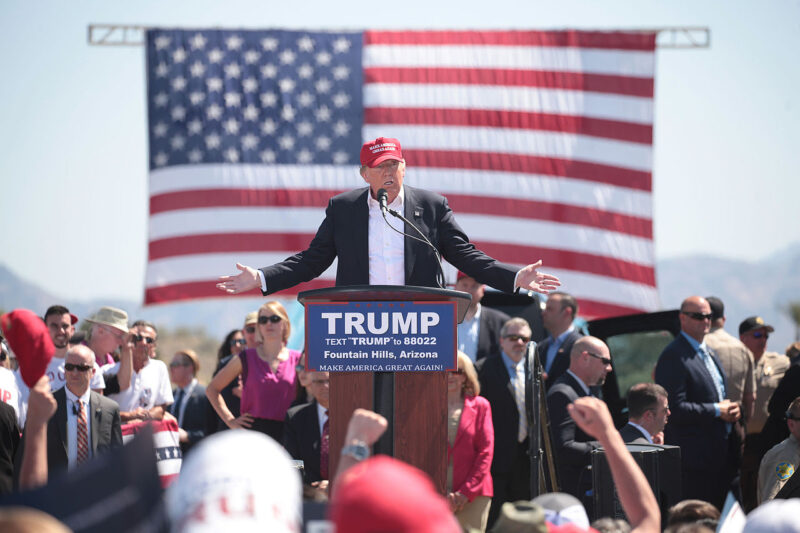 Donald Trump stands in front of a large American flag at a rally in Fountain Hills, Arizona. Members of the (very white) crowd raise their fists to the podium, the gesture reminiscent of the Nazi salute.