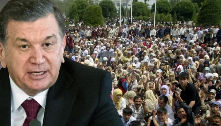 A crowd of Uzbek protestors. President Mirziyoyev's face is superimposed over the left side.