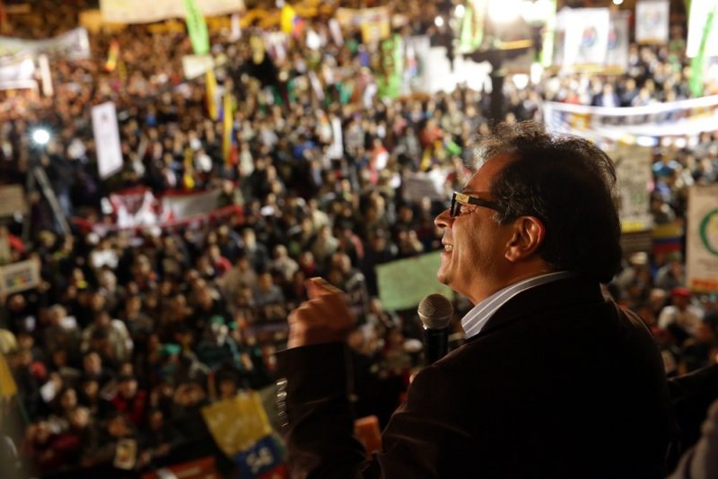 Gustavo Petro, then mayor of Bogotá, delivers a speech to a packed throng in the Plaza de Bolívar in 2014.