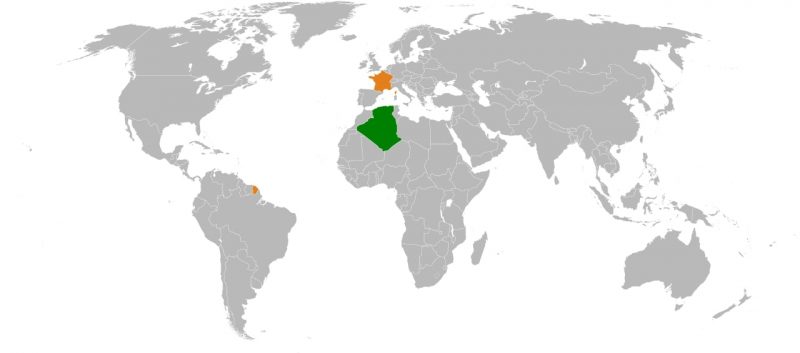 A map showing the locations of Algeria (in green) and France (in orange). The two countries are directly opposite each other across the Mediterranean.