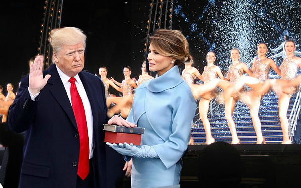 Donald Trump, pictured swearing on a Christian Bible (held by wife Melania). A line of Rockettes (all white) does chorus kicks behind them in glittering, nude-toned leotards.