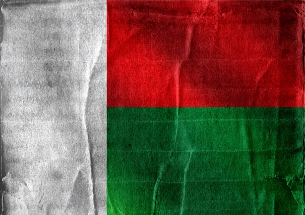 The Malagasy flag, a white vertical rectangle over a red and green horizontal bicolor. The image has a grungy texture.