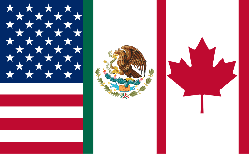 The American, Mexican, and Canadian flags, arranged horizontally. Each takes up approximately an even third of the image.