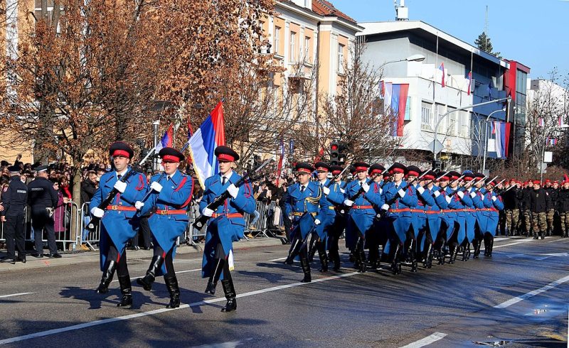 Honour Unit of the Ministry of Interior of Republika Srpska during 2019 Republic Day parade as flag company in Banja Luka.
