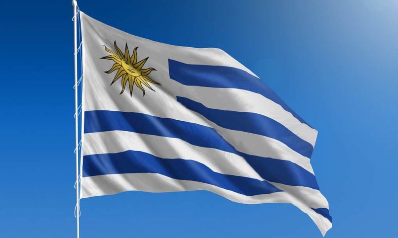 Flag of Uruguay on a clear blue sky. One of the ripples in the waving flag cuts through the sun in the flag's corner, hiding the sun's eyes.