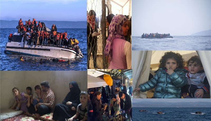 A photo collage of Syrian refugees. Some pictures have many people shoved on tiny boats in the middle of the ocean. Others have clusters of people in bare environments. One picture on the right has two children staring out trepidatiously through a window.