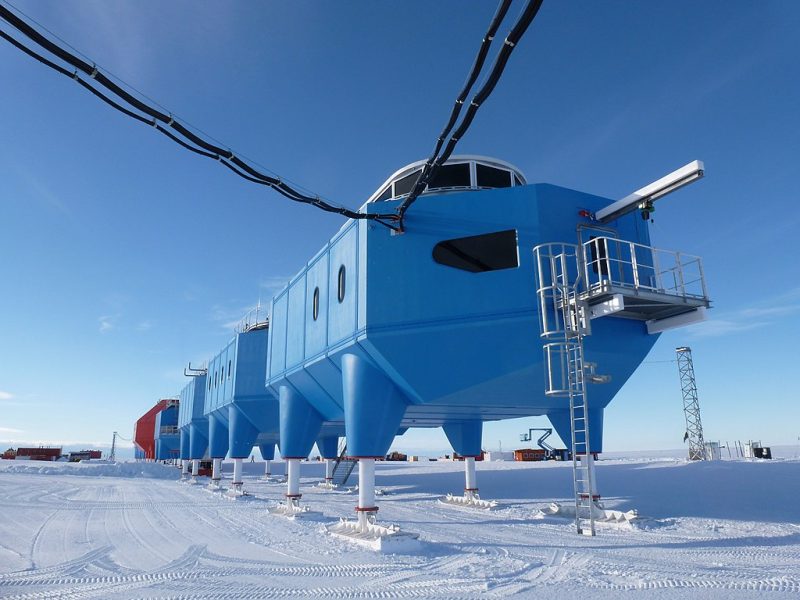 Halley VI Antarctic Research Station, a string of eight modules jacked up on hydraulic legs to keep them above the accumulation of snow.