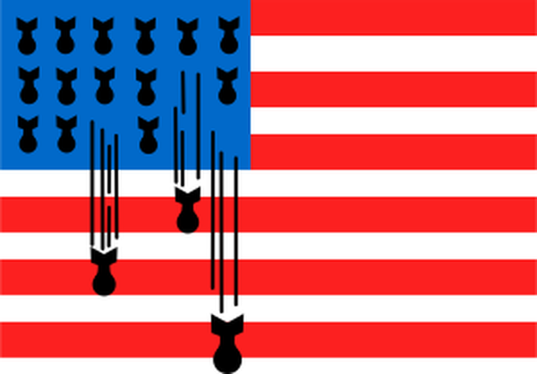 A U.S. flag, with bombs replacing the stars in the corner. The bombs closest to the bottom right of the blue squars are falling.