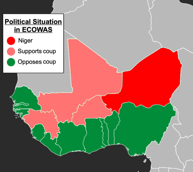 A map showing E.C.O.W.A.S. Niger is marked in red, with the other states marked pink or green depending on whether they support or oppose the Nigerien coup.