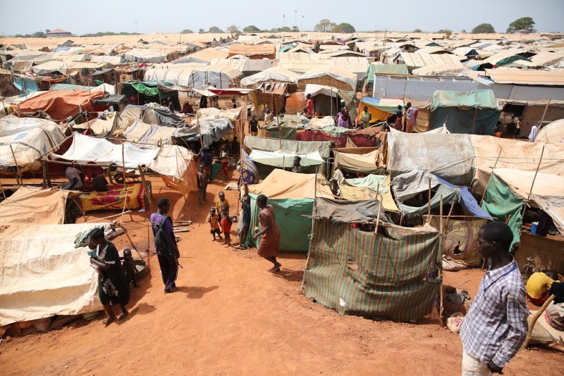 A refugee camp in Wau, South Sudan, photographed in April 2017. Flimsy tents crowd the entire image.