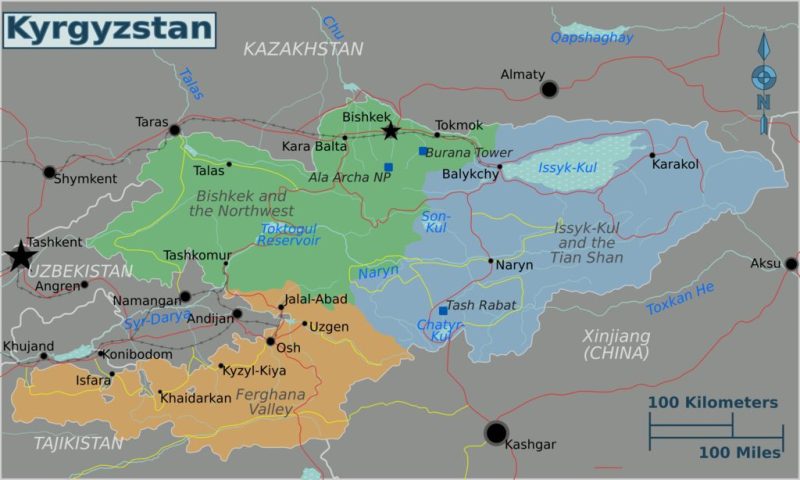 A map of Kyrgyzstan and the surrounding countries as of 2010 (clockwise from left: Uzbekistan, Kazakhstan, China, and Tajikistan), with regions of the nation marked in different colors. The Ferghana Valley region, closest to Tajikistan, is marked in orange.