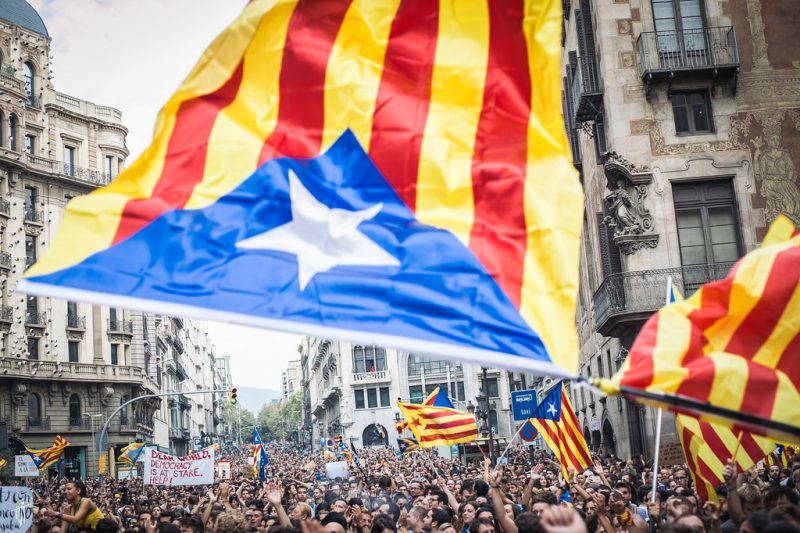 A crowd of thousands waves Catalan flags in Barcelona in 2017. One sign in the crowd reads "DEAR WORLD, DEMOCRACY IS AT STAKE. HELP!"