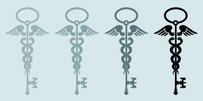 Four caducei in progressively darker shades of blue-gray. The staves are extended into keys.