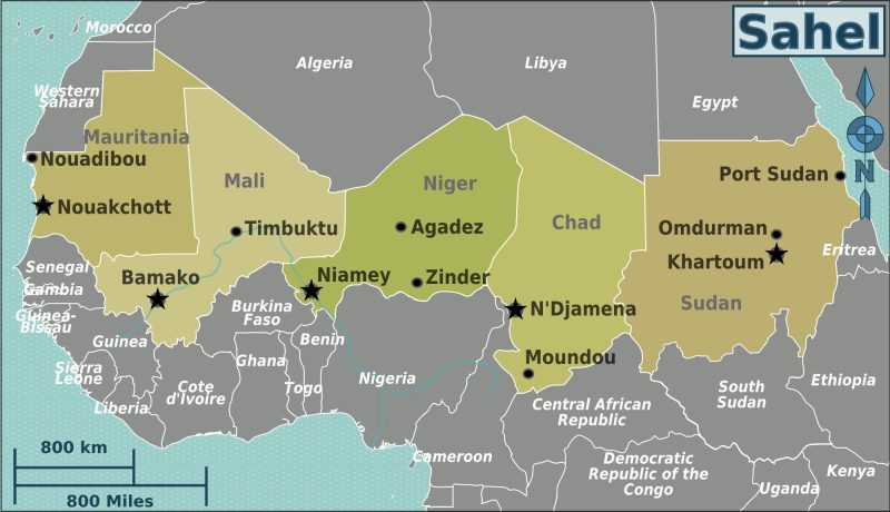 A map of the Sahel region of Africa, highlighting the countries of Mauritania, Mali, Niger, Chad, and Sudan.