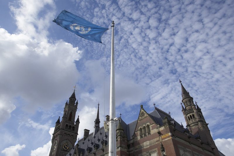 The U.N. flag waves in front of the I.C.J.
